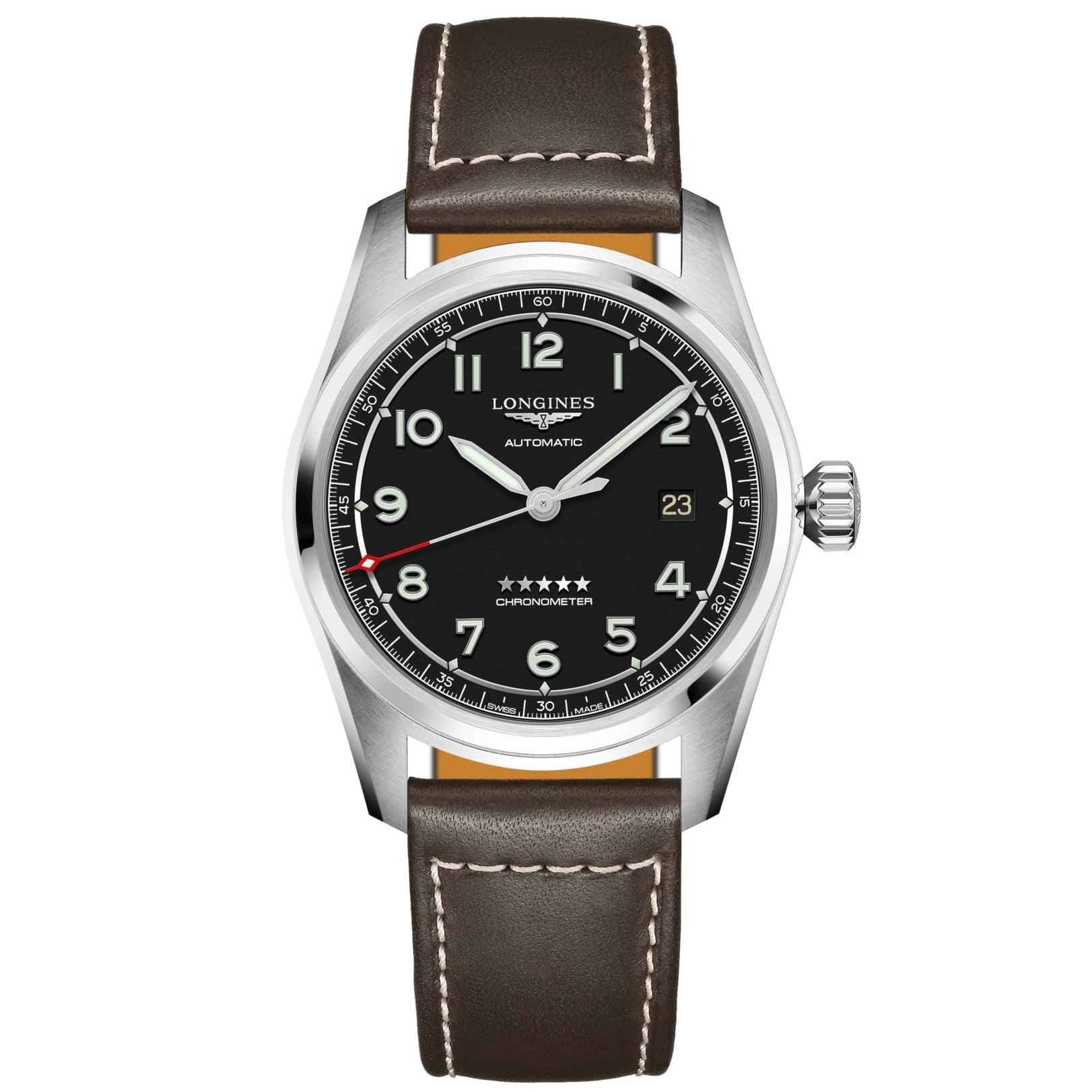 Orologio Longines Spirit con cassa in acciaio, quadrante nero e cinturino in pelle marrone