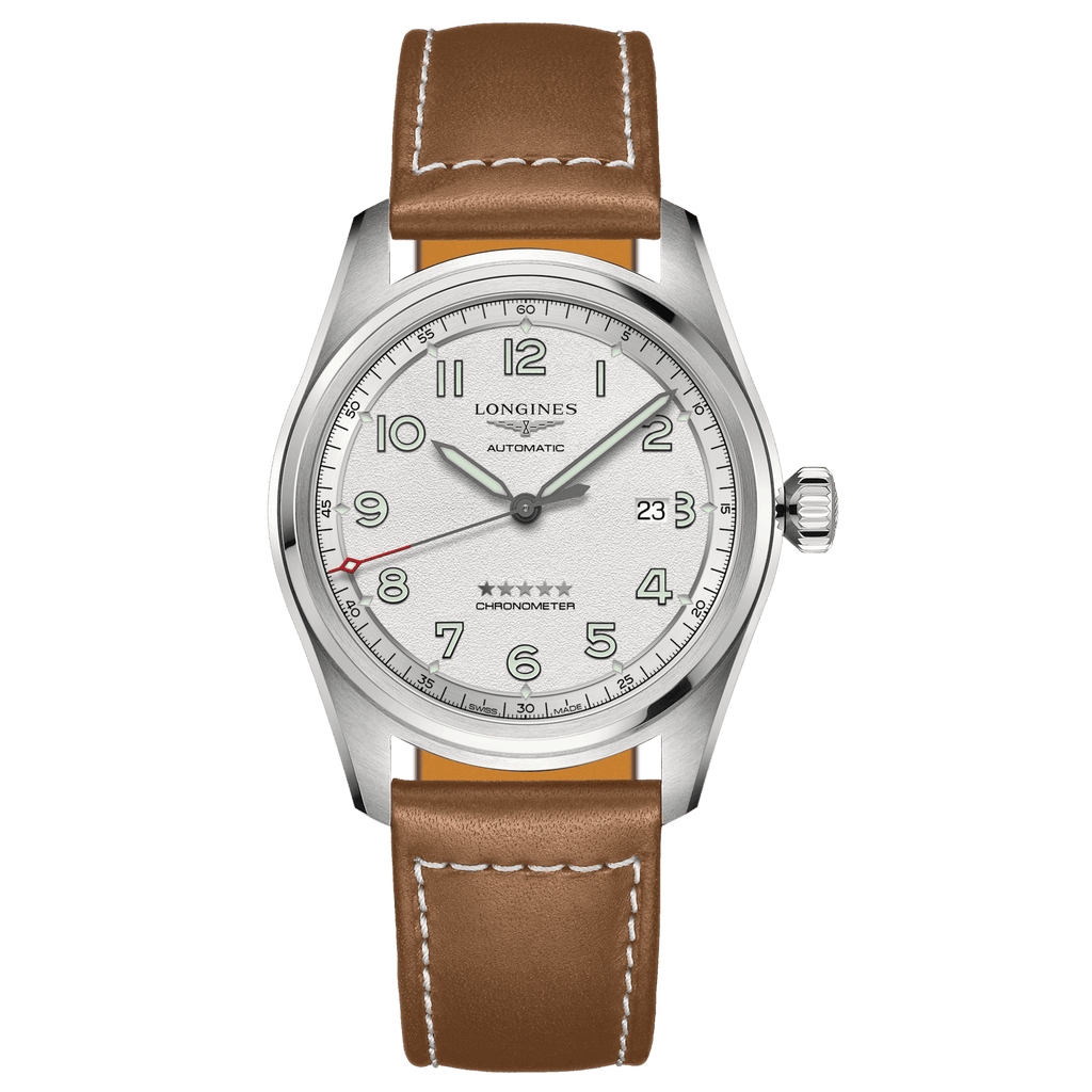 Orologio automatico Longines Spirit 42mm argento, quadrante bianco, cinturino pelle marrone