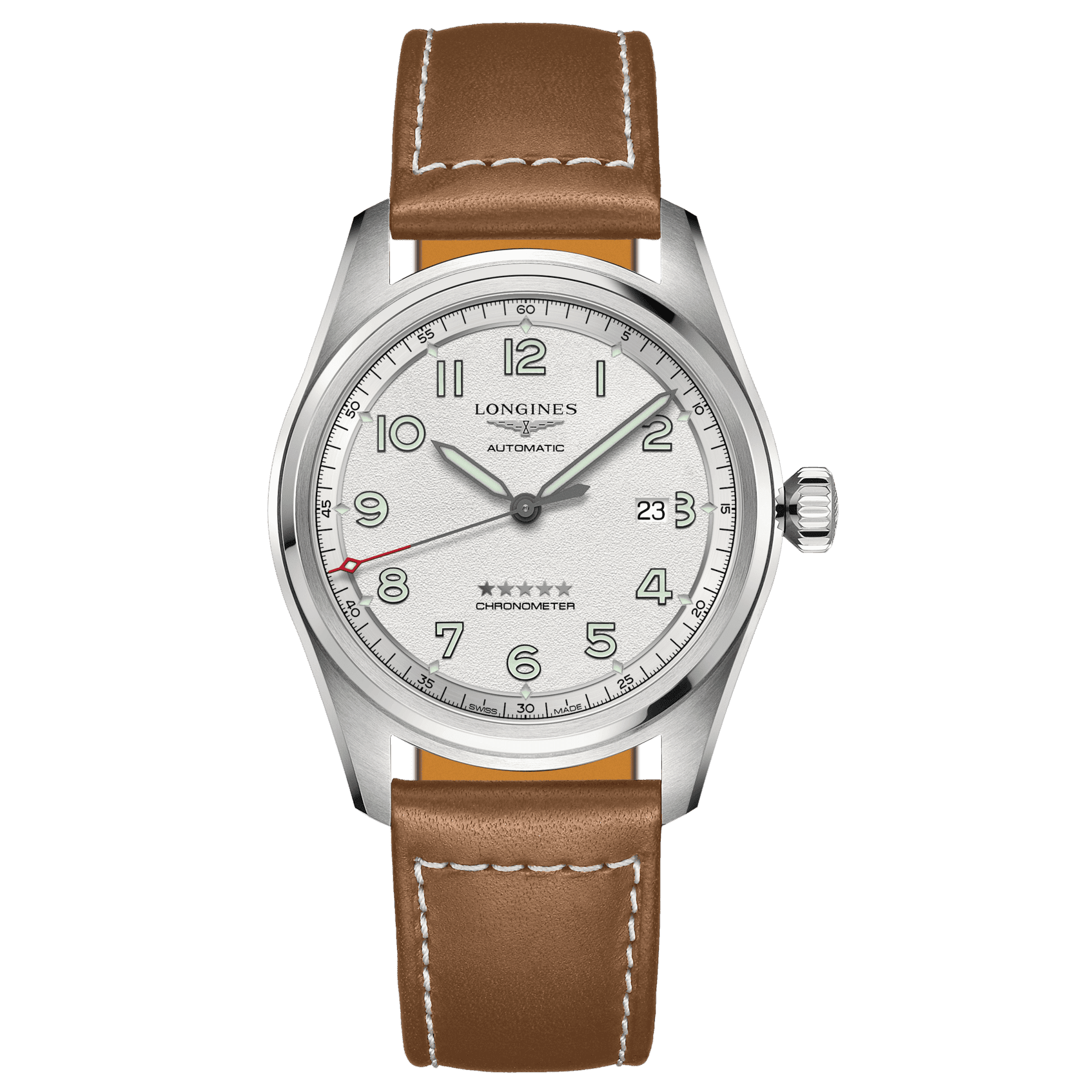Orologio automatico Longines Spirit 42mm argento, quadrante bianco, cinturino pelle marrone