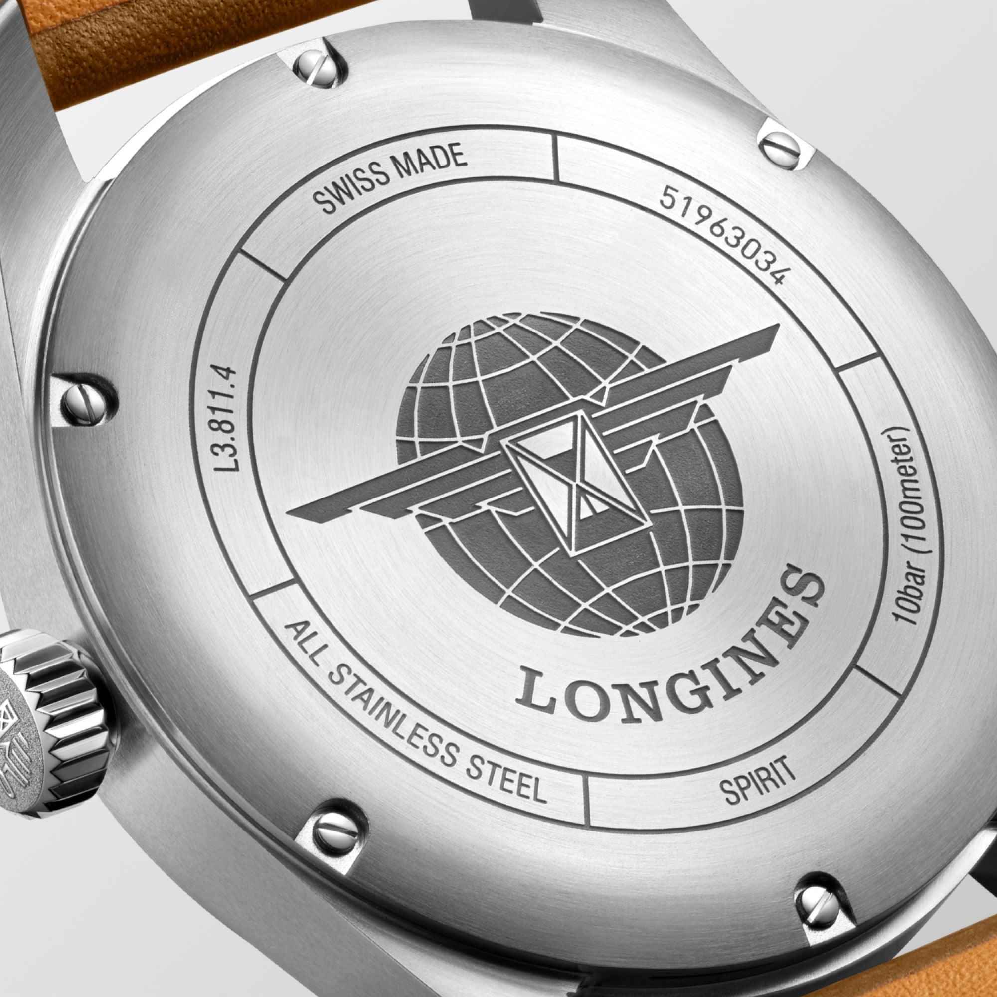 Fondello Orologio Longines Spirit in acciaio con incisione globo e scritta Swiss Made