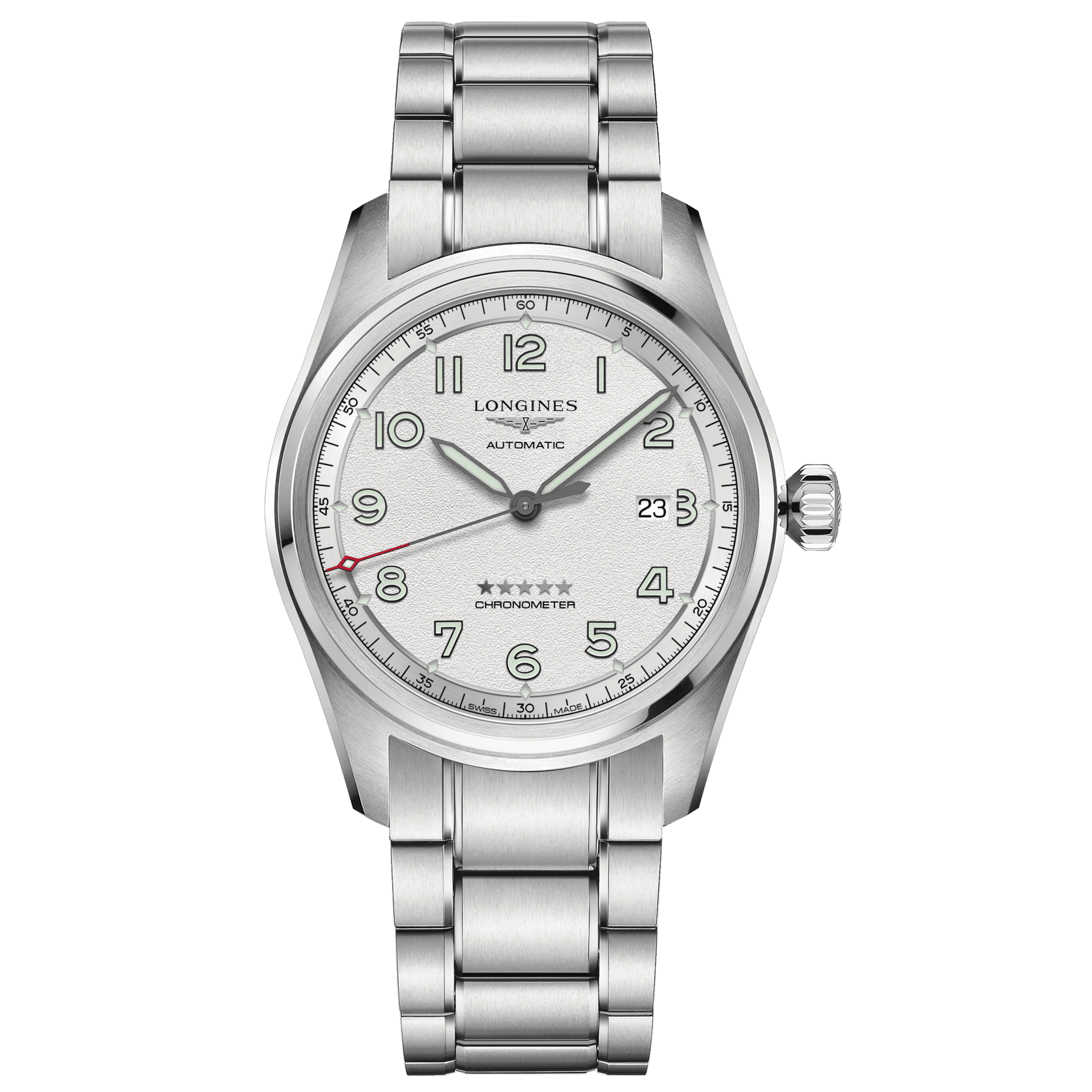 Orologio Longines automatico in acciaio argento, quadrante grigio e bracciale a maglie