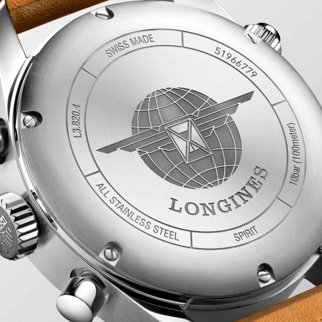 Fondello dell’orologio in acciaio con incisione globo e scritte LONGINES Spirit.