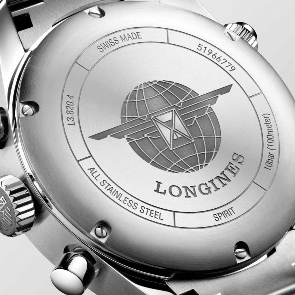 Orologio Longines Spirit 42 mm: fondello argento con logo e scritte.
