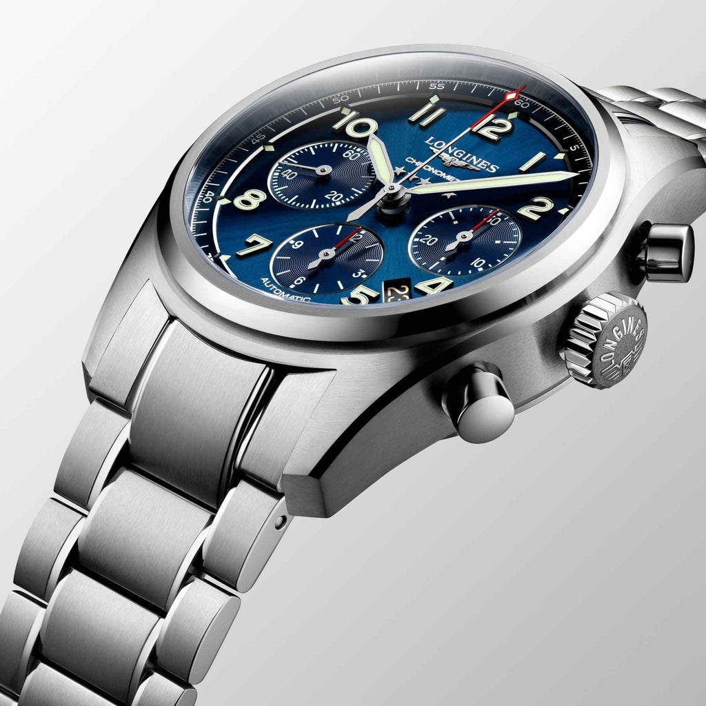 Orologio Longines Spirit 42mm blu in acciaio, cassa e corona, quadrante cronografico