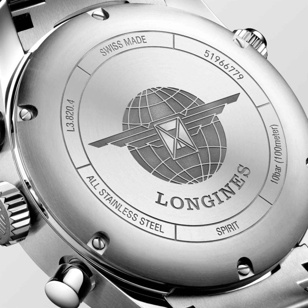 Fondello orologio Longines Spirit in acciaio con scritta Swiss Made e logo