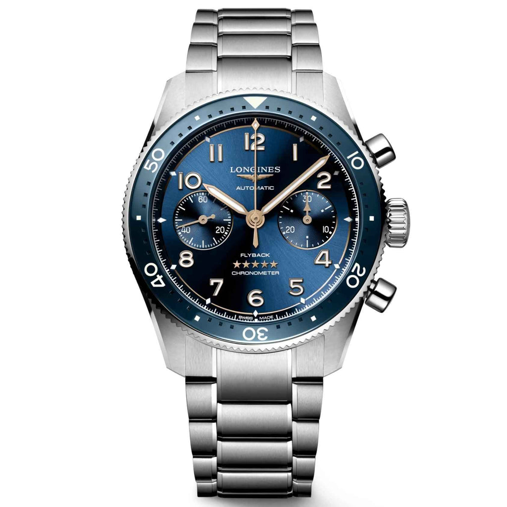 Orologio Longines 42 mm con quadrante blu, cinturino in acciaio e flyback.