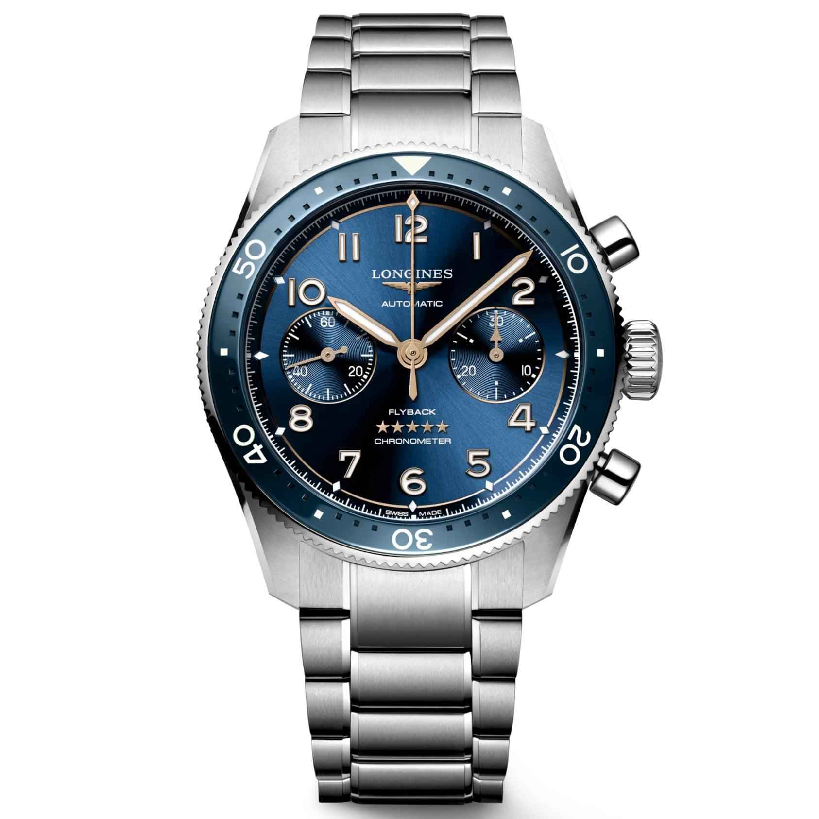 Orologio Longines 42 mm con quadrante blu, cinturino in acciaio e flyback.