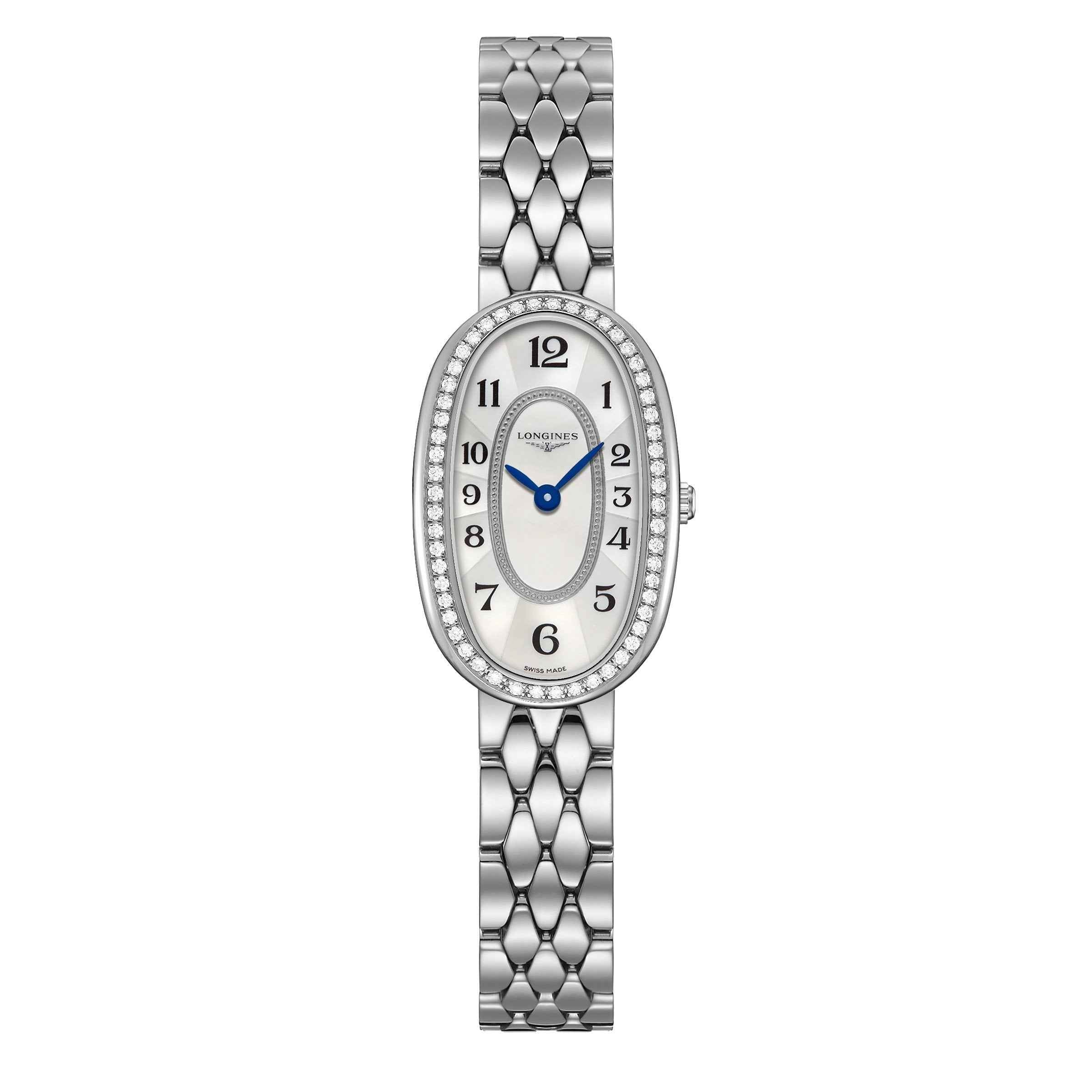 Orologio Longines Symphonette con quadrante madreperla, lunetta con diamanti e bracciale in acciaio
