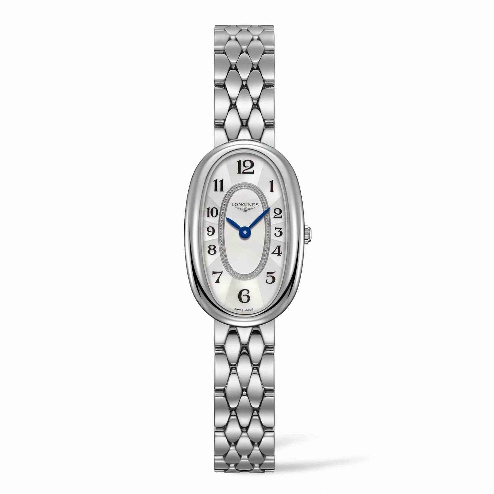 Orologio da polso Longines donna con cassa ovale acciaio, quadrante madreperla bianca e lancette blu