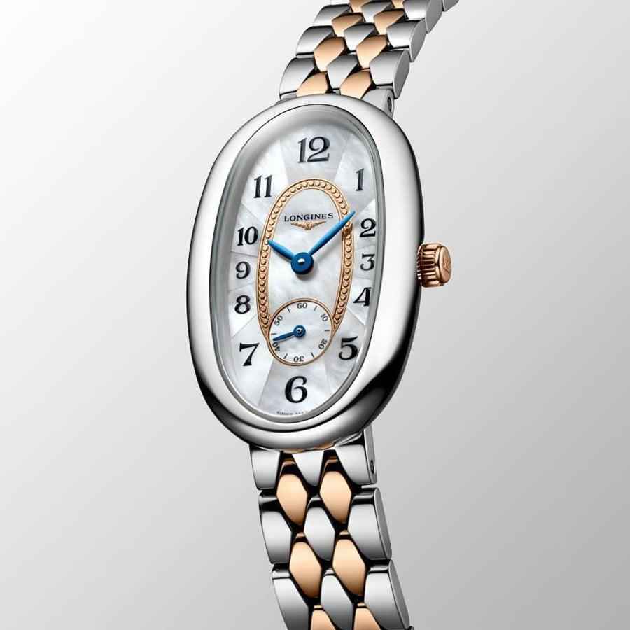Orologio ovale Symphonette Longines in acciaio e oro 18kt, cinturino a maglie