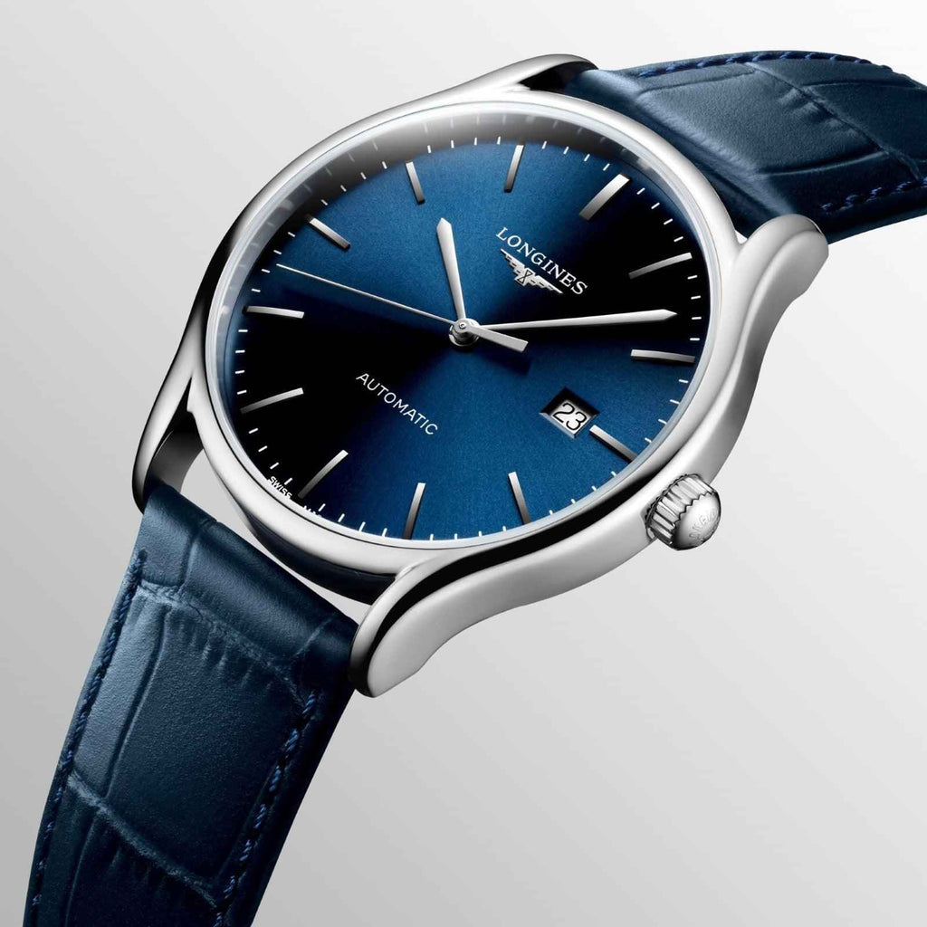 Orologio Longines Lyre 40mm, cassa acciaio e cinturino pelle blu, datario 23