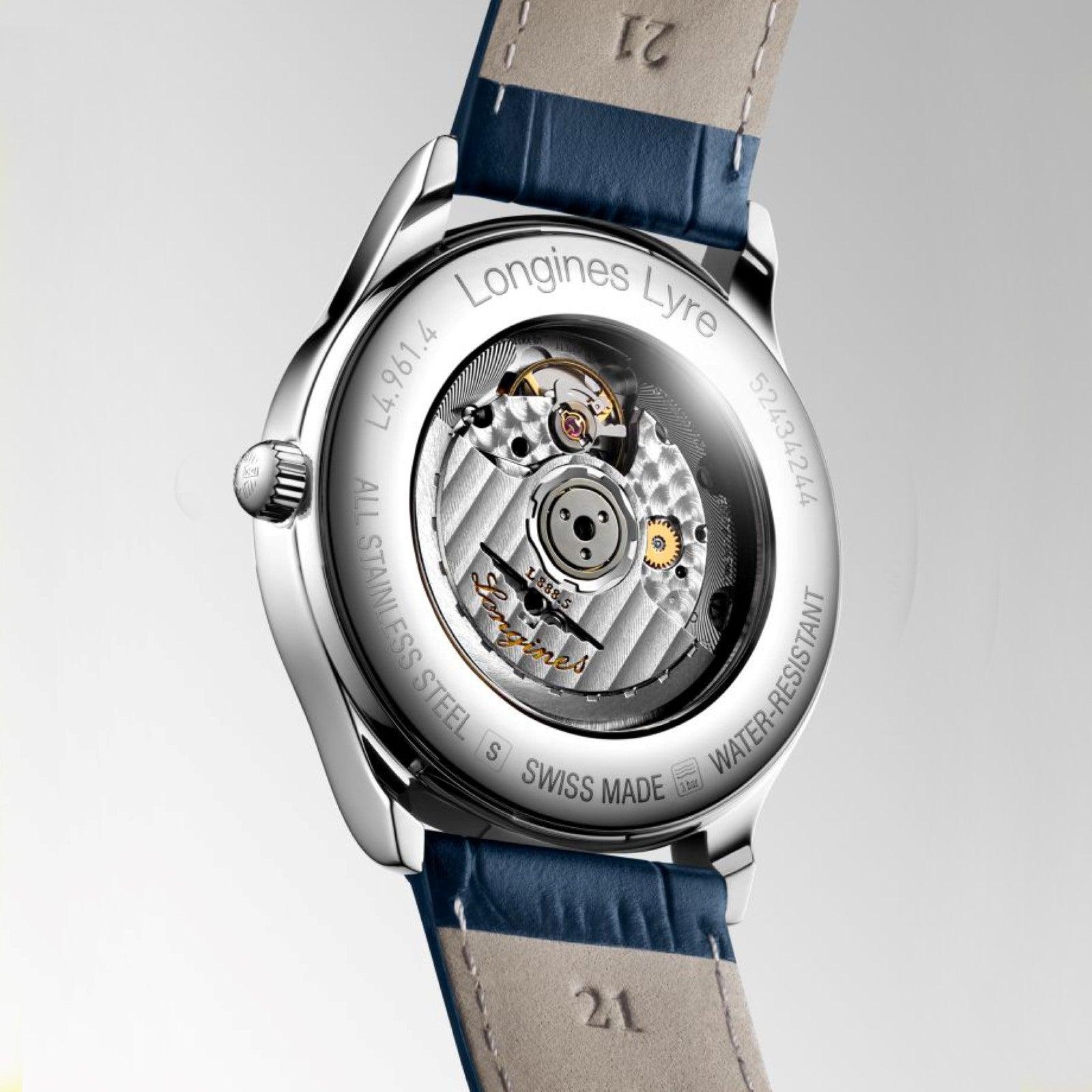 Orologio automatico Longines Lyre con fondello a vista, cassa in acciaio e cinturino blu