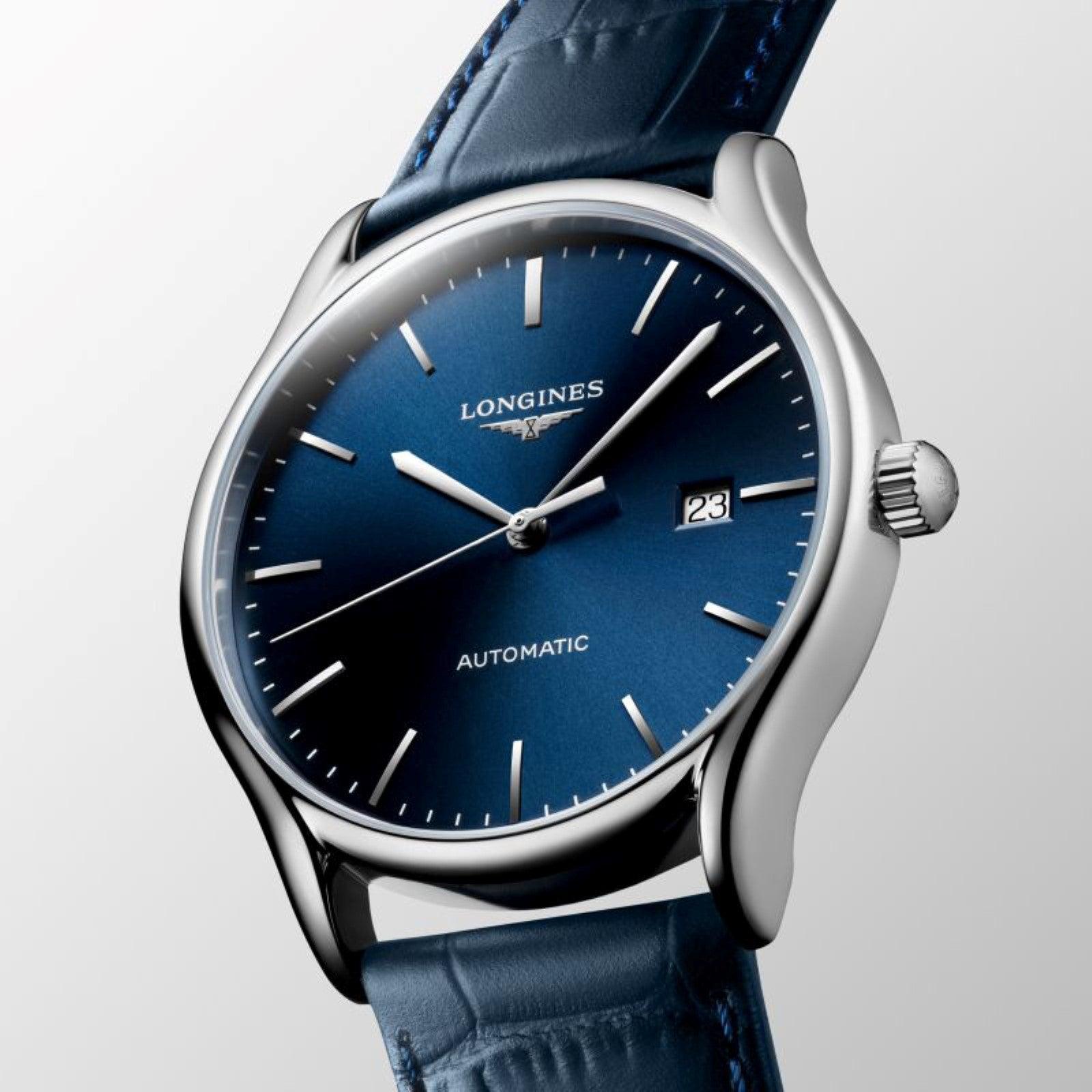 Orologio automatico Longines Lyre con quadrante blu, datario e cinturino in pelle