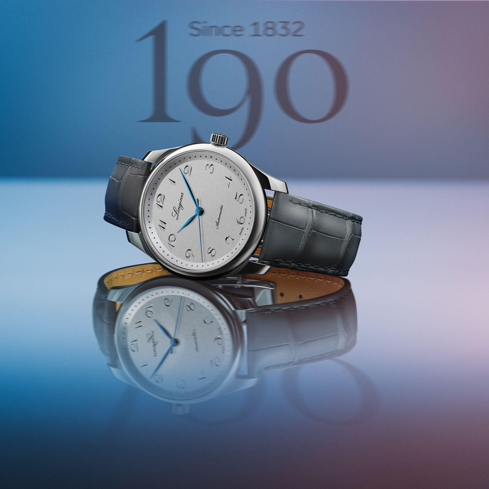 Orologio Longines con cassa argento, quadrante bianco e cinturino in pelle nera