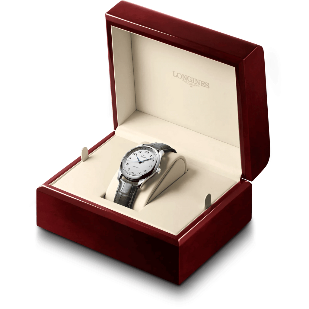 Orologio Longines in cofanetto rosso con cinturino in pelle nera e quadrante bianco