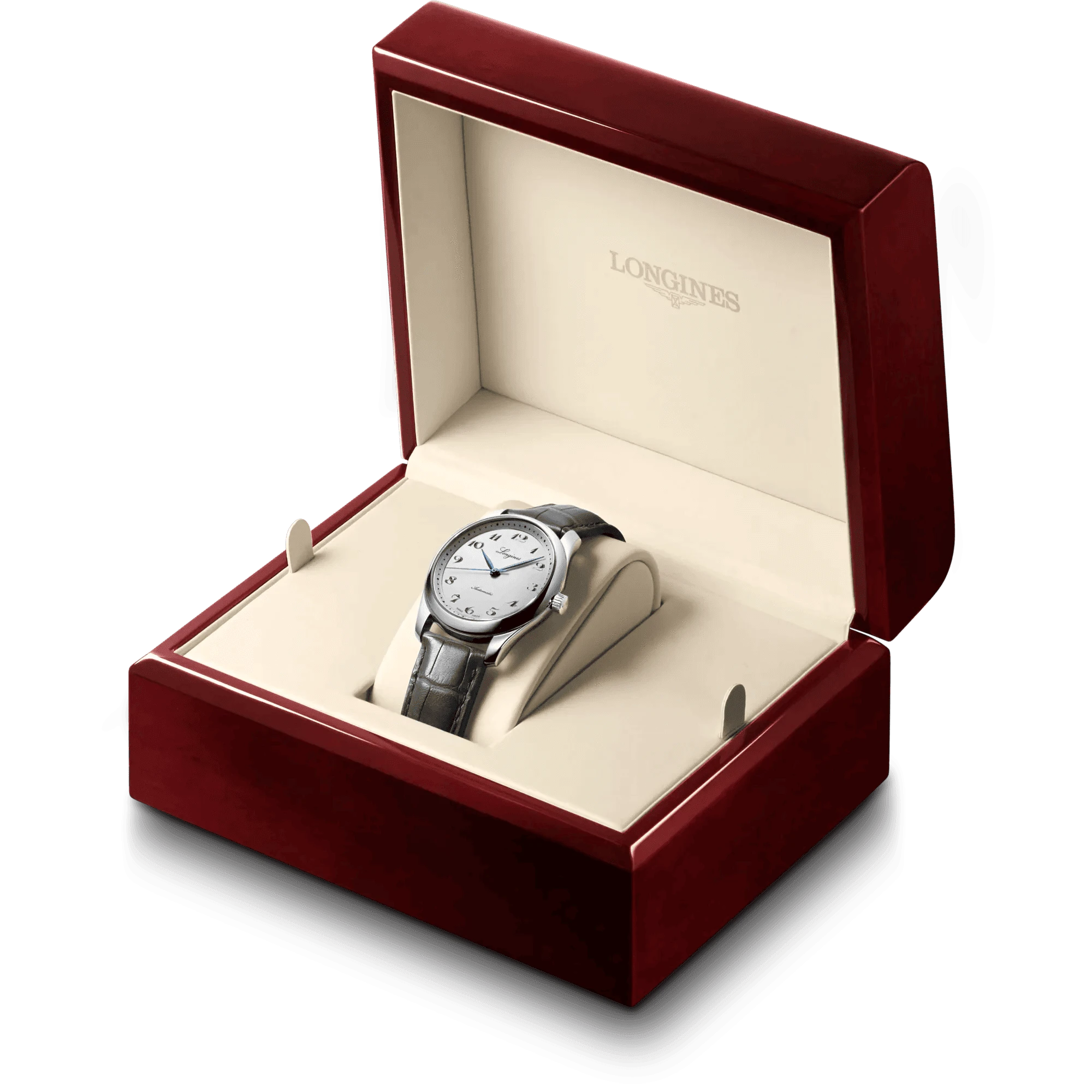 Orologio Longines in cofanetto rosso con cinturino in pelle nera e quadrante bianco