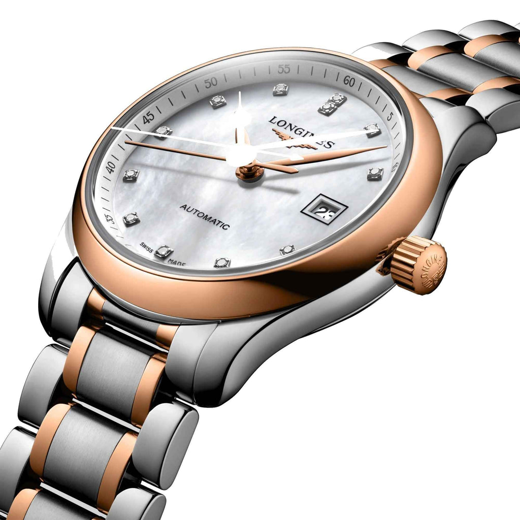 Orologio Longines Master 29mm automatico con quadrante madreperla e lancette oro rosa