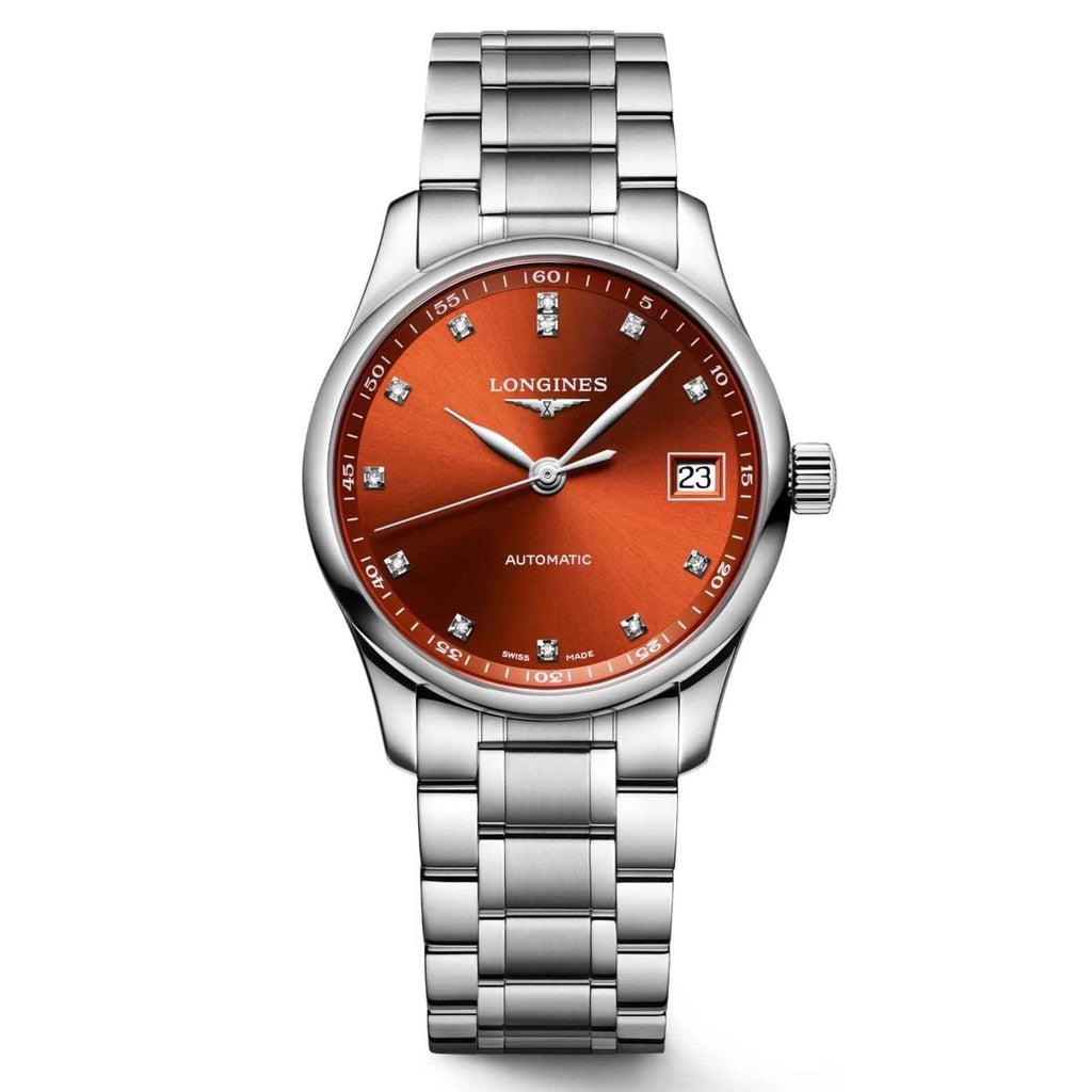 Orologio Longines Master 34 mm in acciaio, quadrante arancione con diamanti