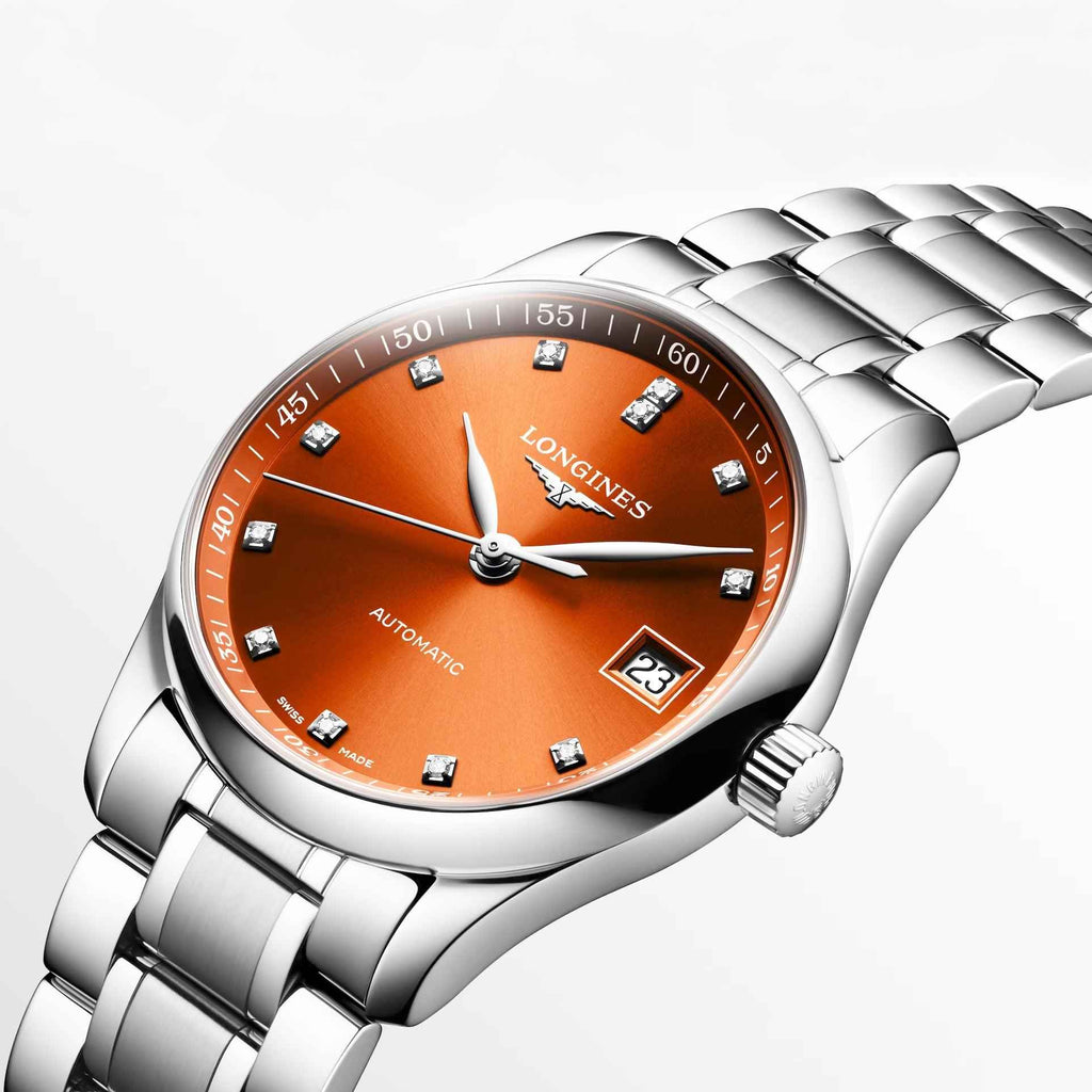Orologio Longines Master 34 mm: acciaio, quadrante arancione con diamanti e data 23