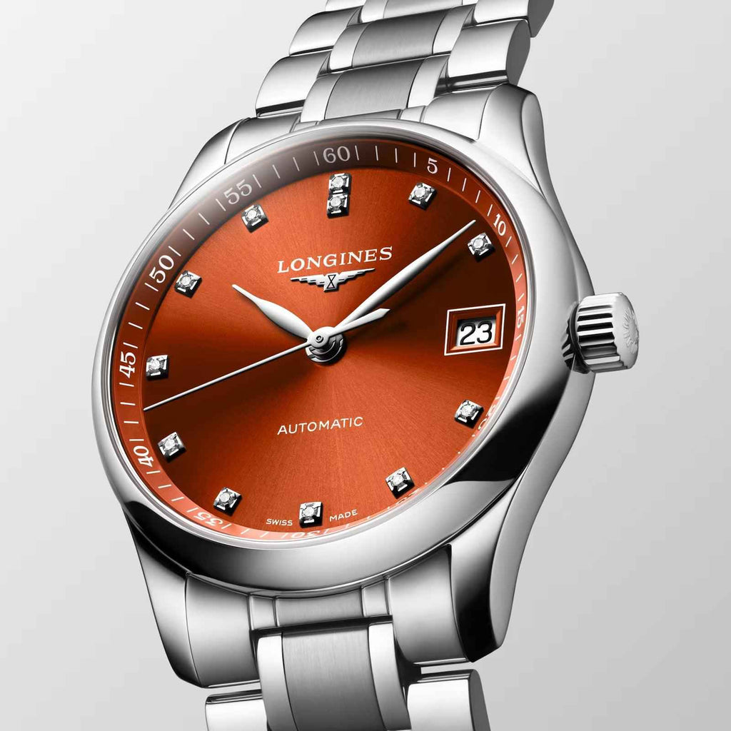 Orologio Longines Master 34 mm in acciaio, quadrante arancione con indici con diamanti