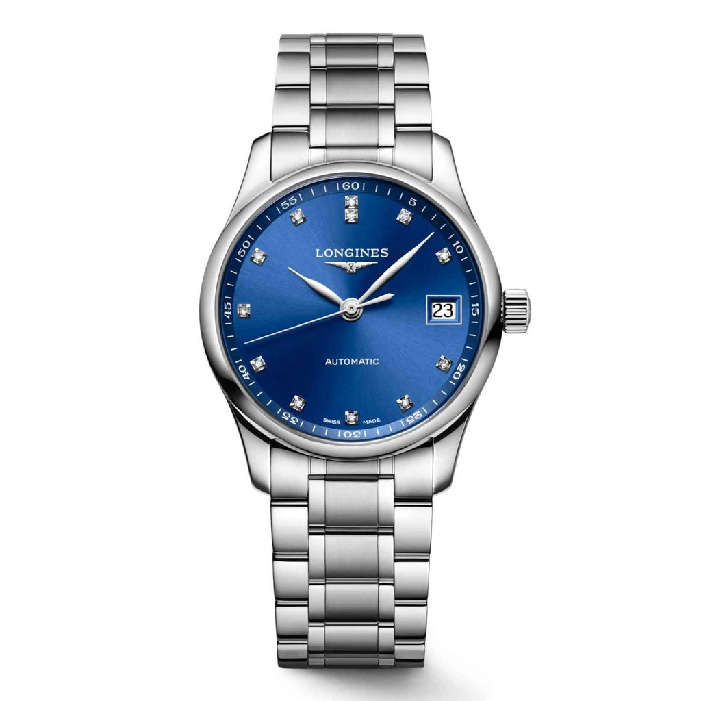 Orologio Longines automatico in acciaio con quadrante blu e diamanti