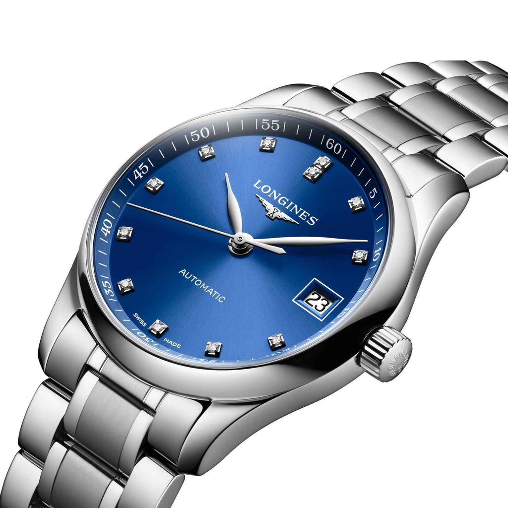 Orologio Longines automatico in acciaio, quadrante blu con diamanti e datario 23