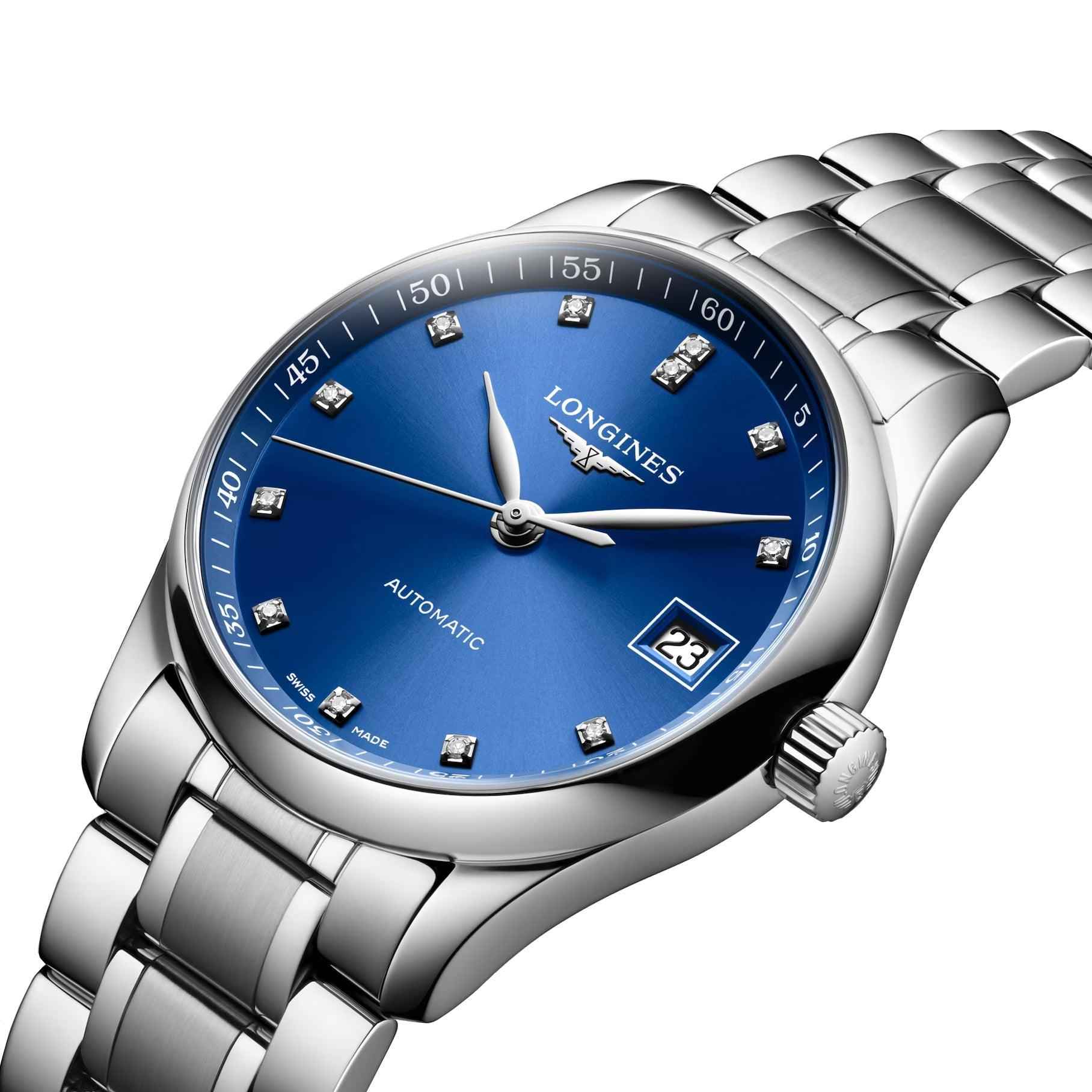 Orologio Longines automatico in acciaio, quadrante blu con diamanti e datario 23