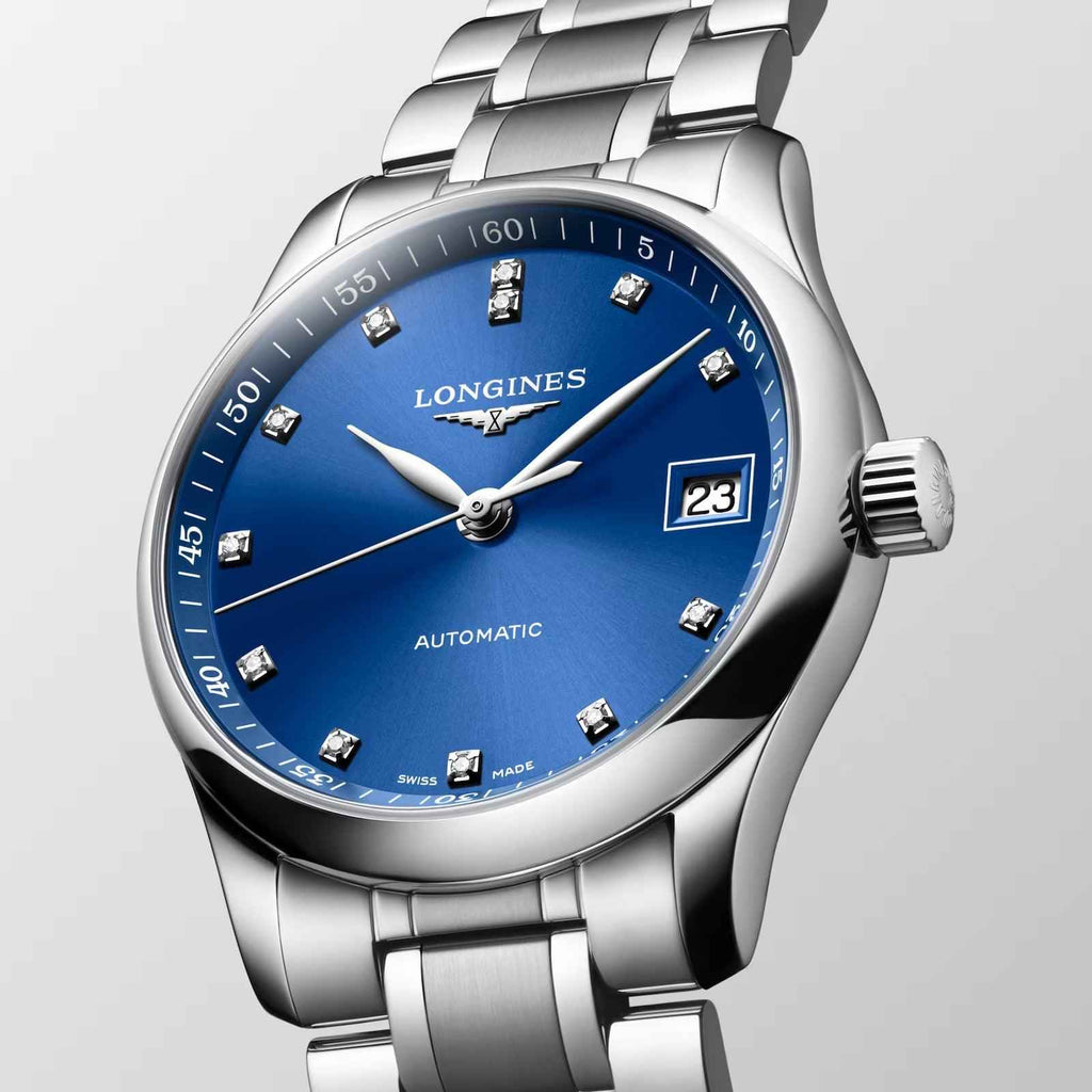 Orologio Longines automatico in acciaio, quadrante blu con indici e diamanti