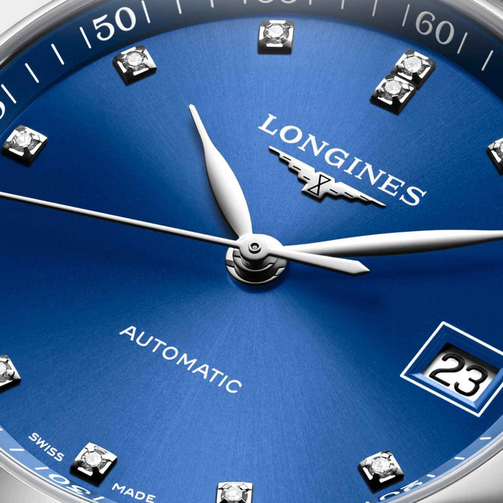 Quadrante Longines blu con lancette automatico, diamanti e data 23