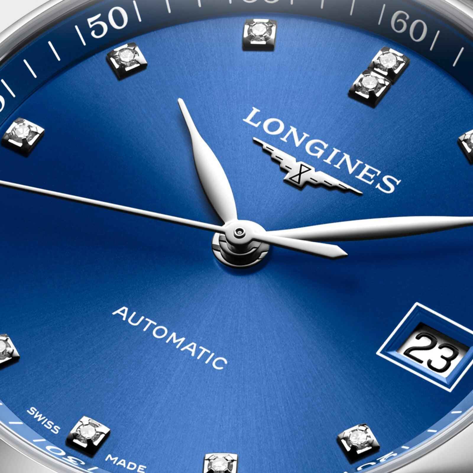 Quadrante Longines blu con lancette automatico, diamanti e data 23