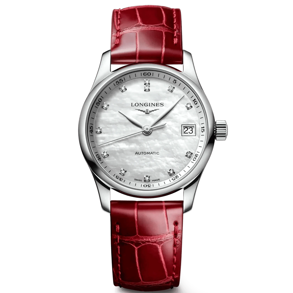 Orologio Longines automatico con quadrante madreperla argento e cinturino rosso in pelle