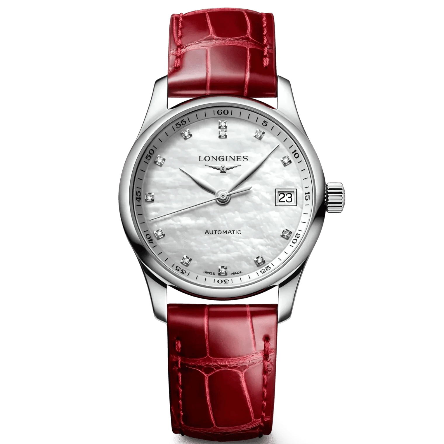 Orologio Longines automatico con quadrante madreperla argento e cinturino rosso in pelle