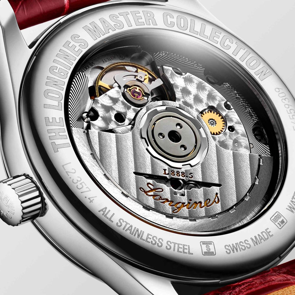 Fondello dell’orologio Longines con movimento automatico in acciaio e dettagli meccanici