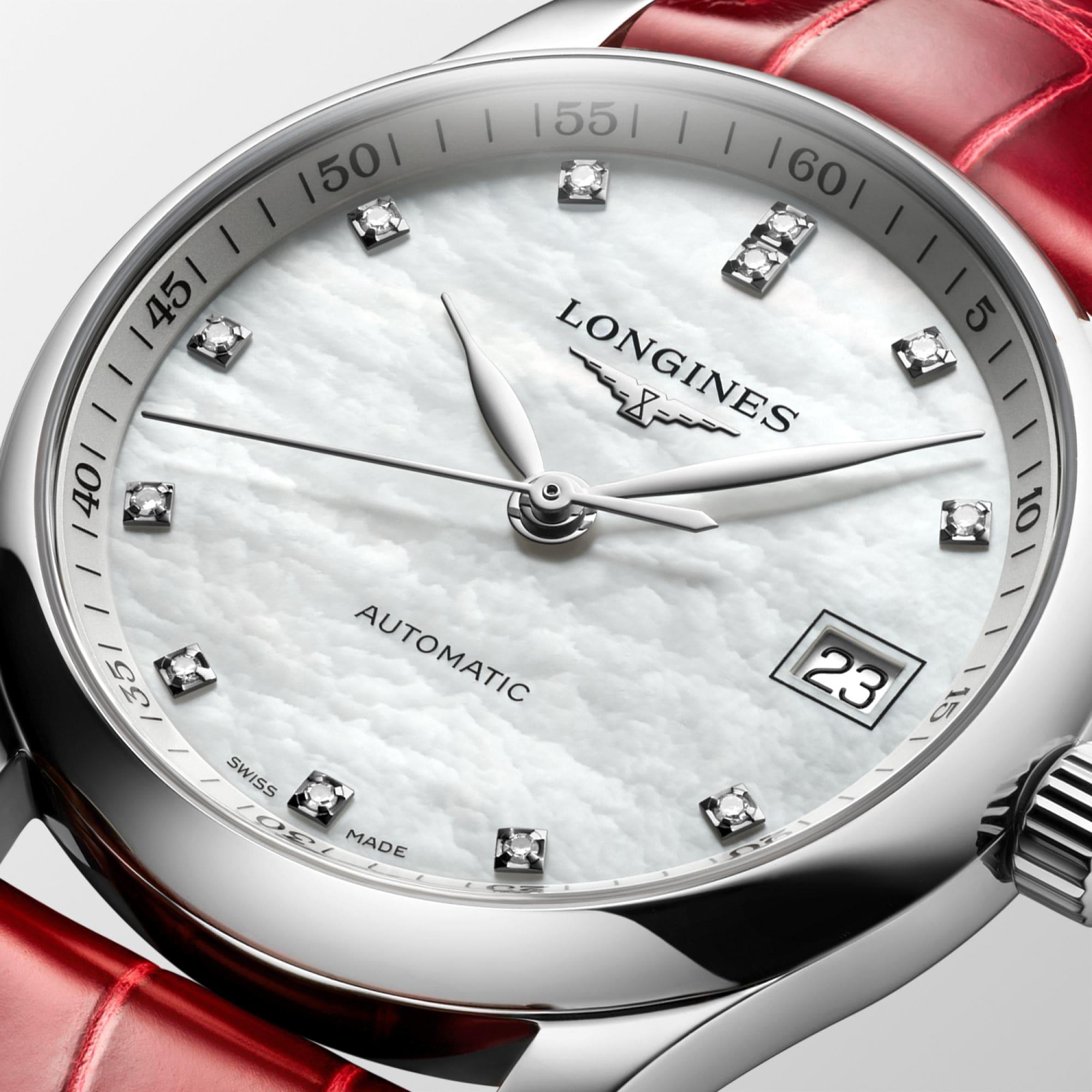 Orologio Longines Master con quadrante madreperla, indici diamanti e datario automatico