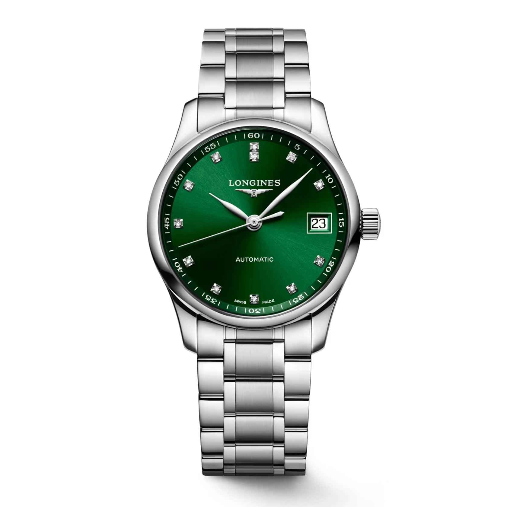 Orologio automatico Longines con quadrante verde e bracciale d’acciaio, datario 23