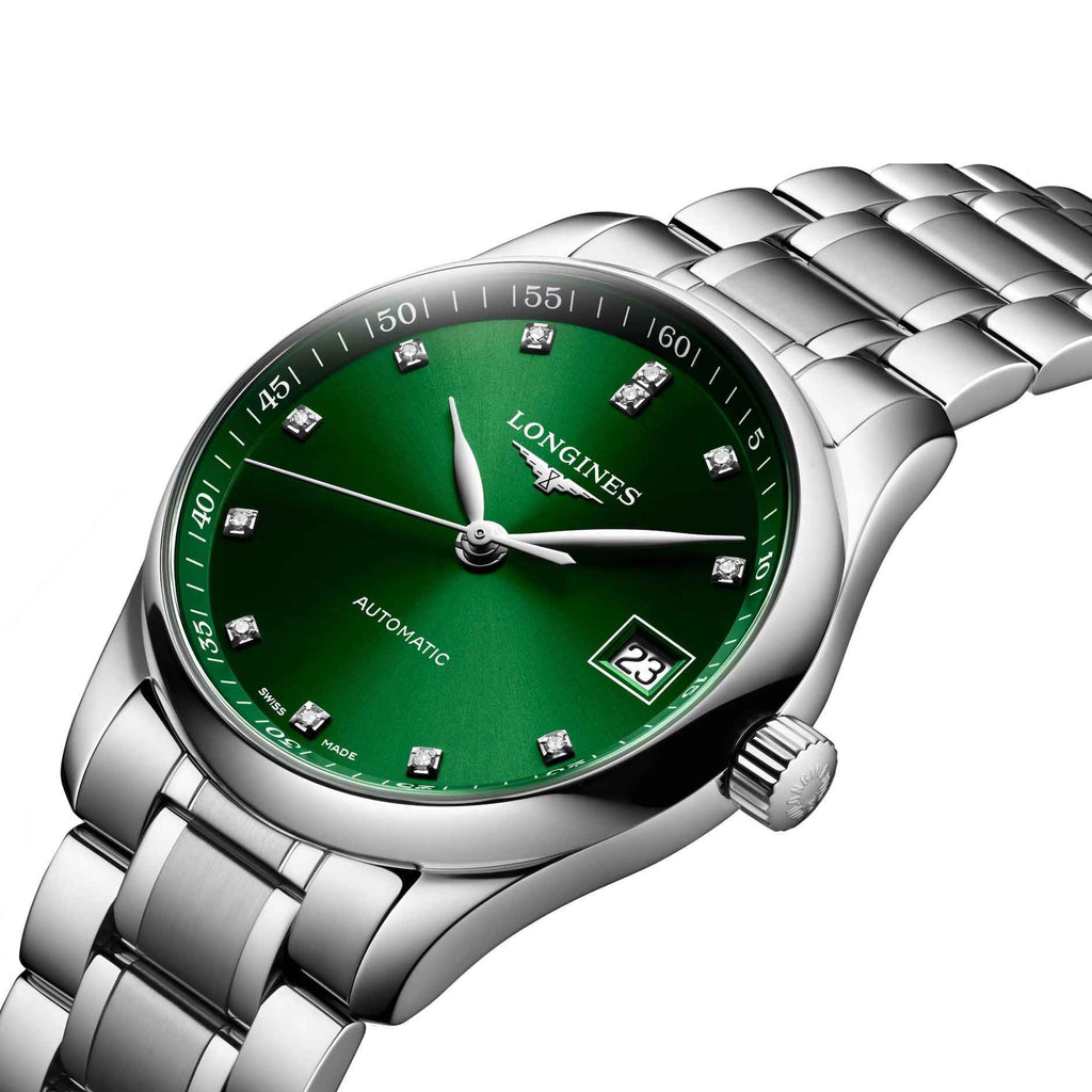Orologio Longines automatico con quadrante verde, indici con diamanti e datario 23