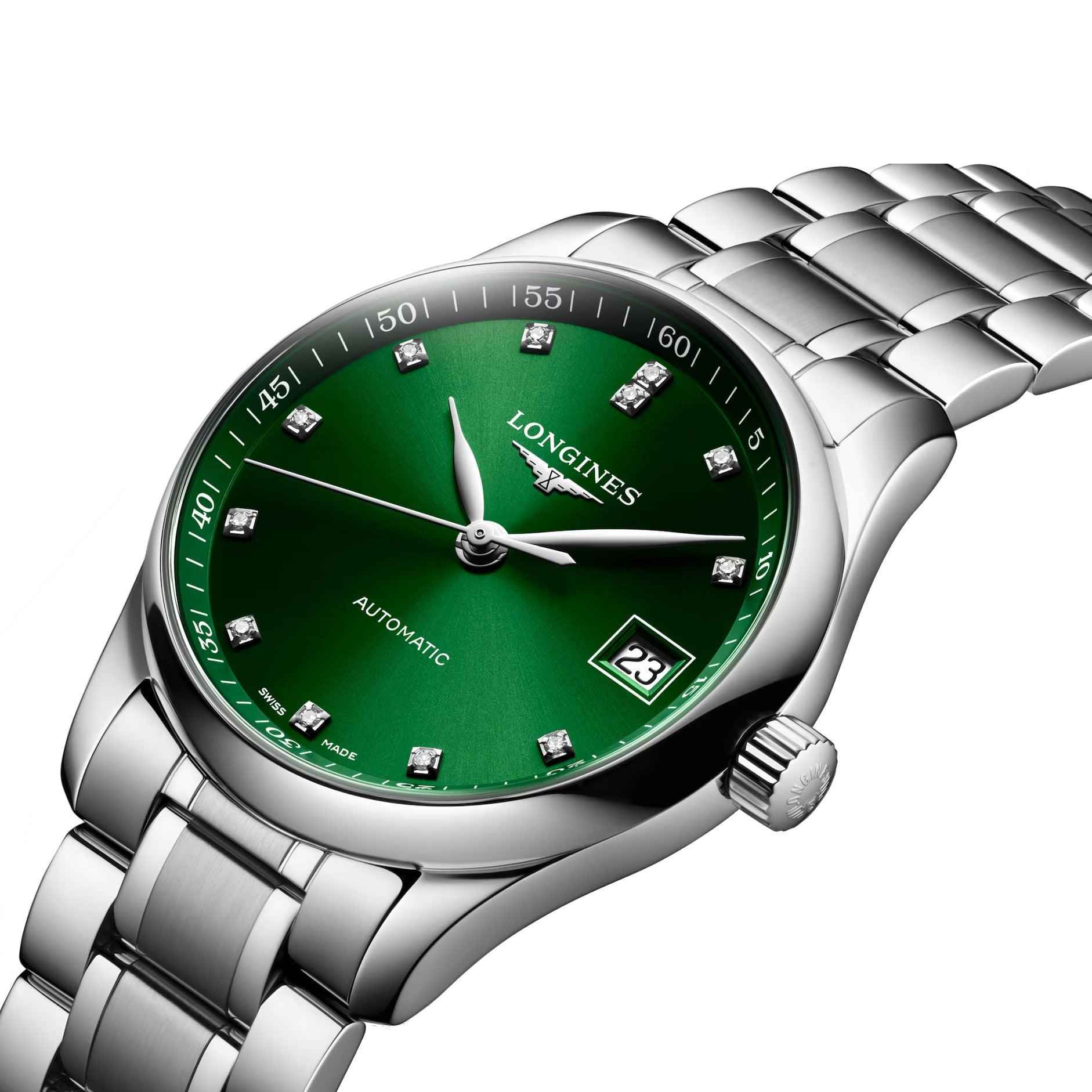 Orologio Longines automatico con quadrante verde, indici con diamanti e datario 23