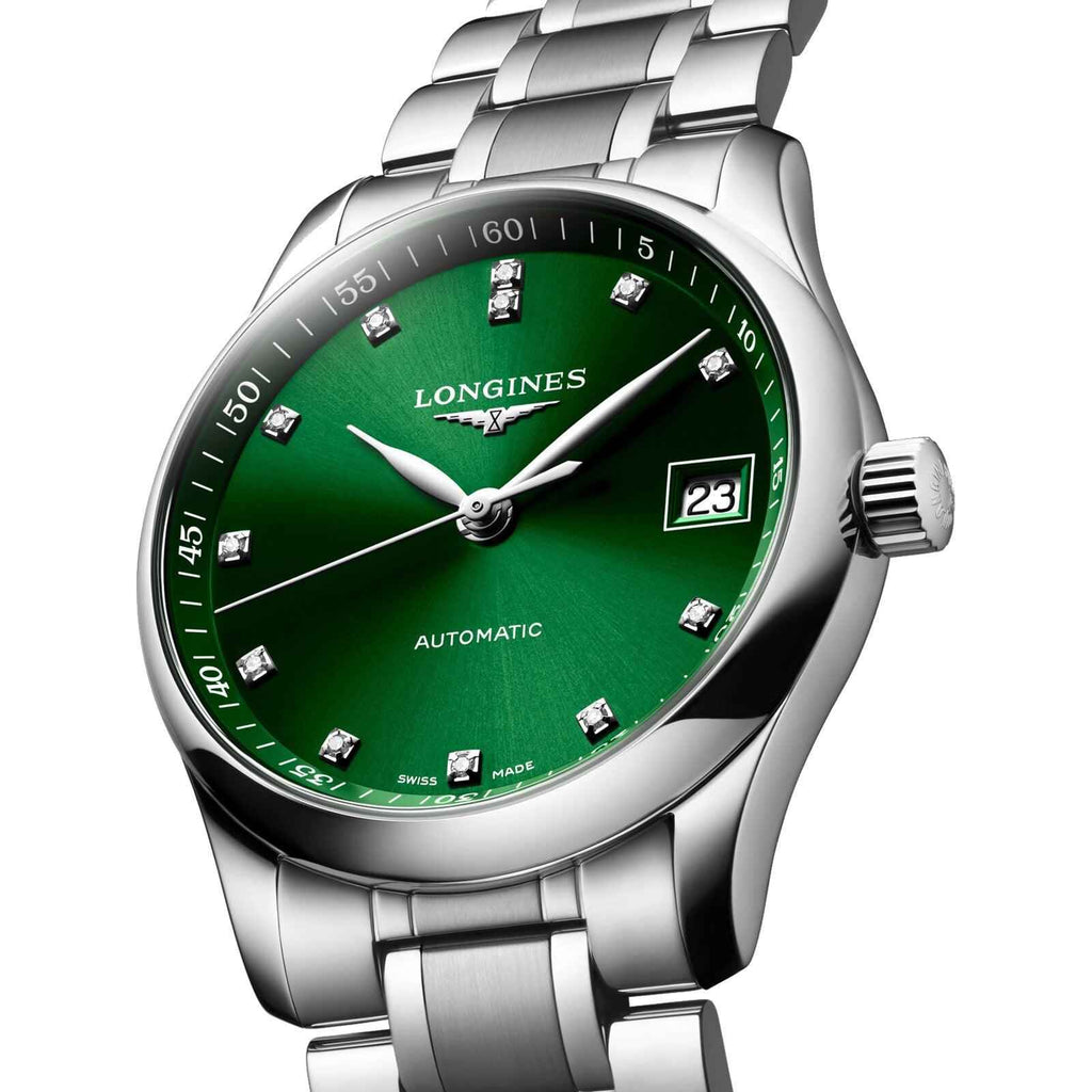 Orologio Longines automatico con quadrante verde e bracciale d’acciaio, datario 23