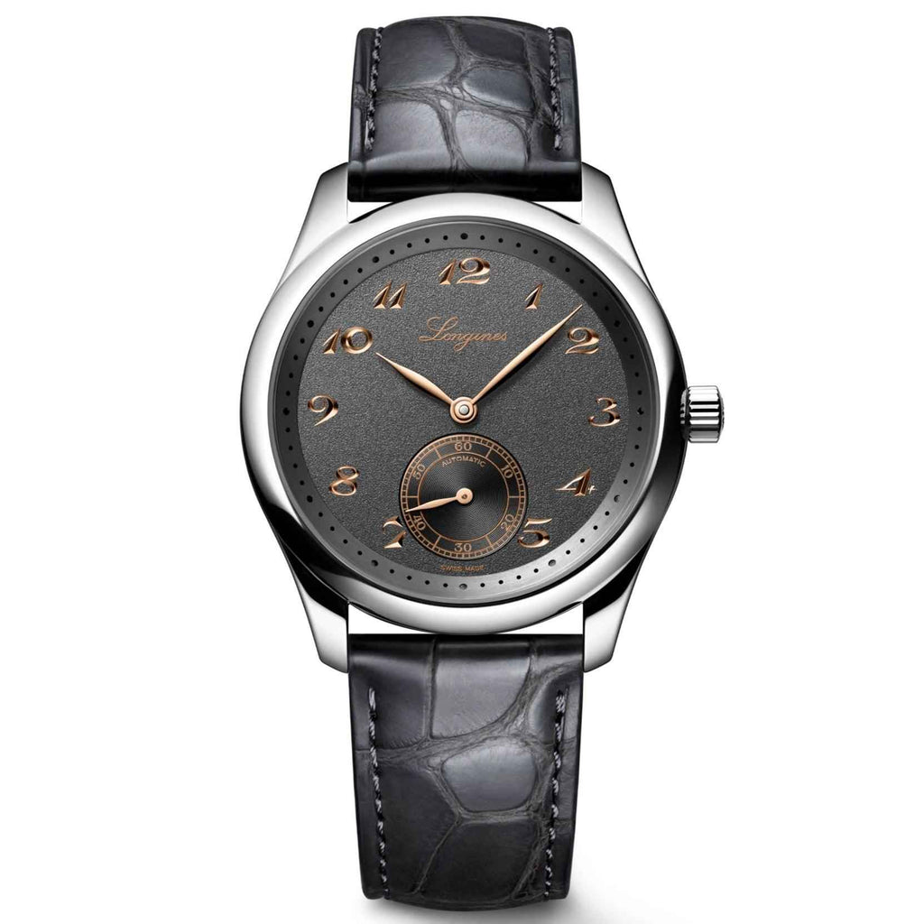 Orologio automatico con quadrante antracite e cinturino in pelle grigia, cassa acciaio