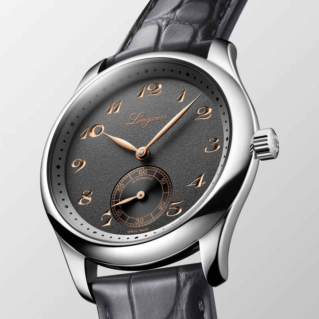 Orologio con quadrante antracite, lancette dorate, cinturino in pelle nera e cassa acciaio