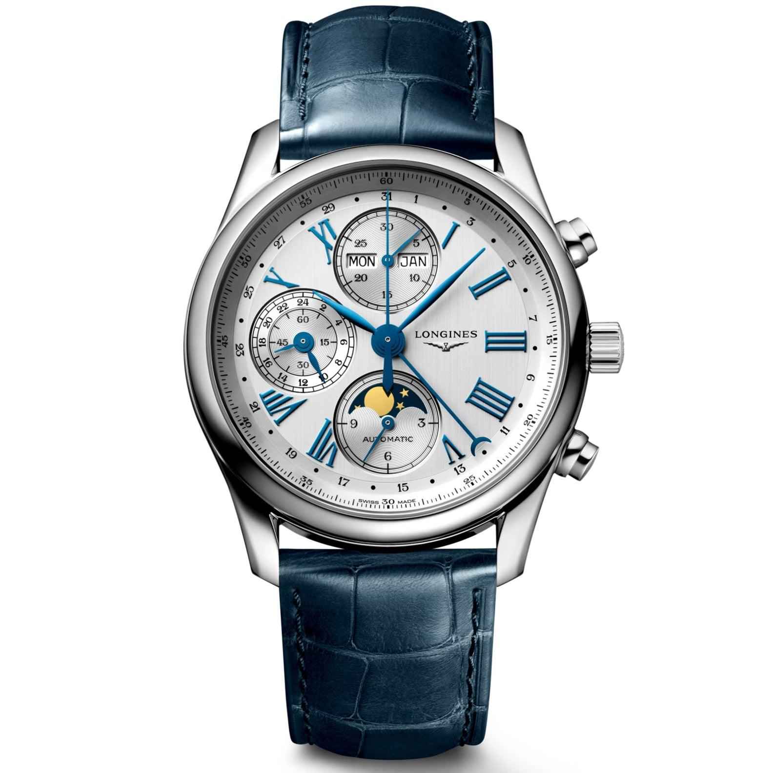 Orologio Longines con quadrante argento, cinturino blu e indici azzurri