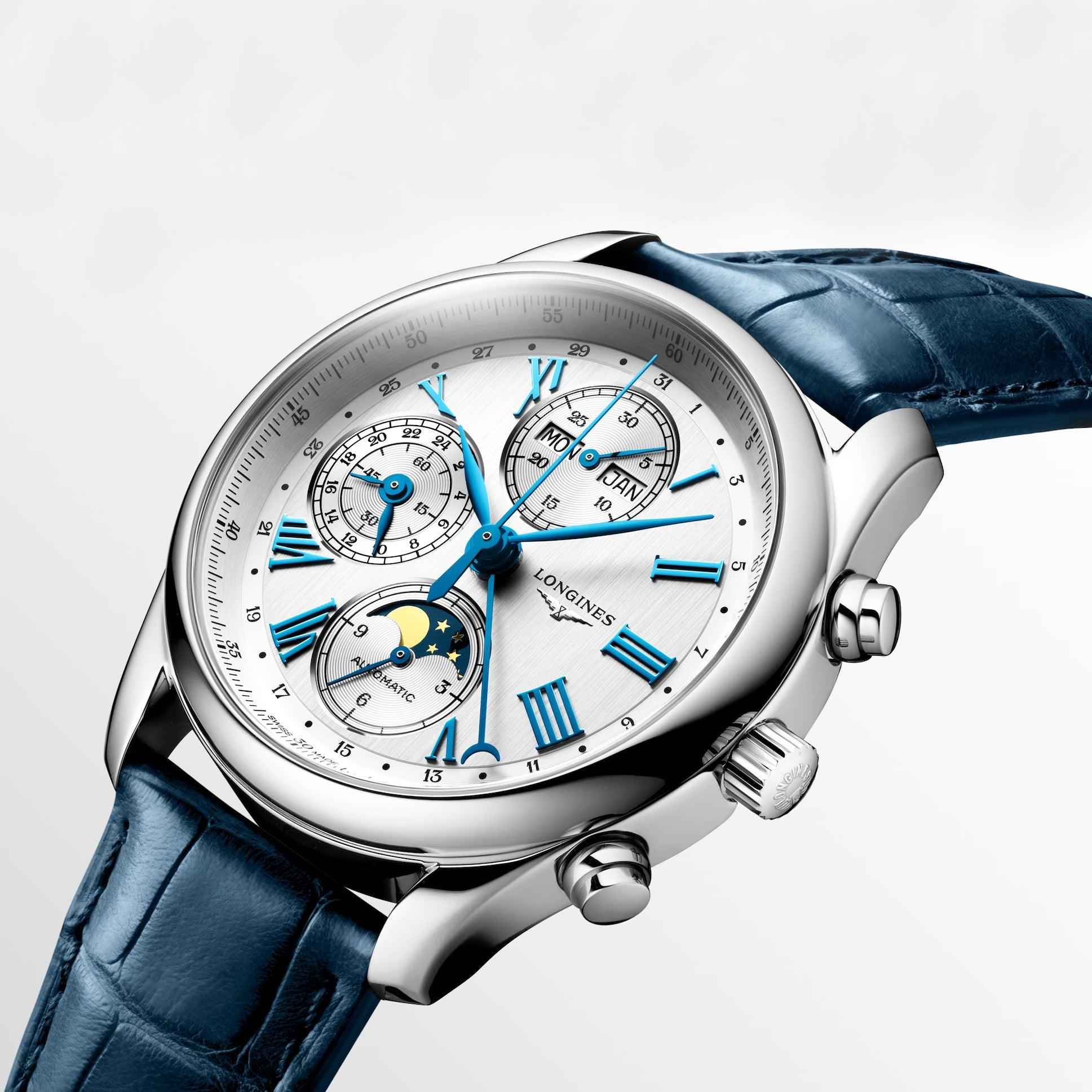 Orologio automatico Longines Master 40mm con quadrante argento e cinturino blu