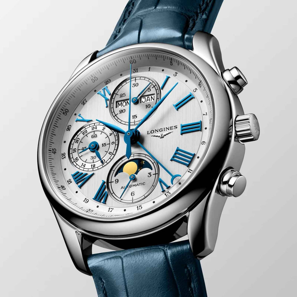 Orologio Longines Master 40mm argento con quadranti azzurri e cinturino blu