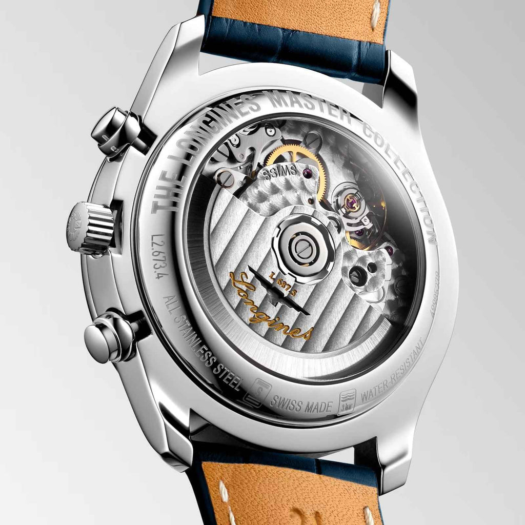 Fondello dell’orologio Longines con movimento a vista e cinturino blu in pelle