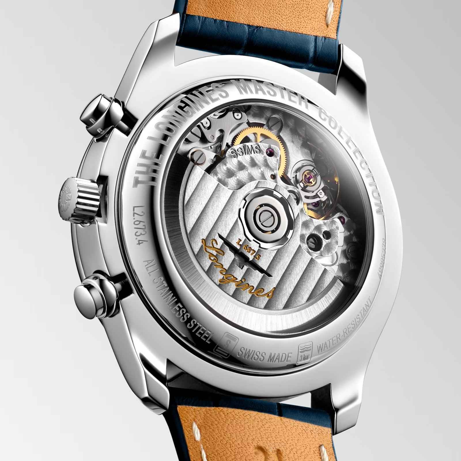 Fondello dell’orologio Longines con movimento a vista e cinturino blu in pelle