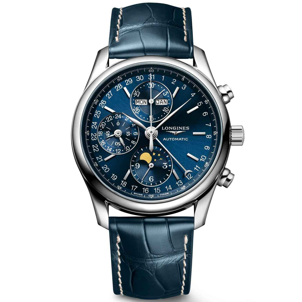 Orologio automatico con quadrante blu, cassa in acciaio e cinturino in pelle