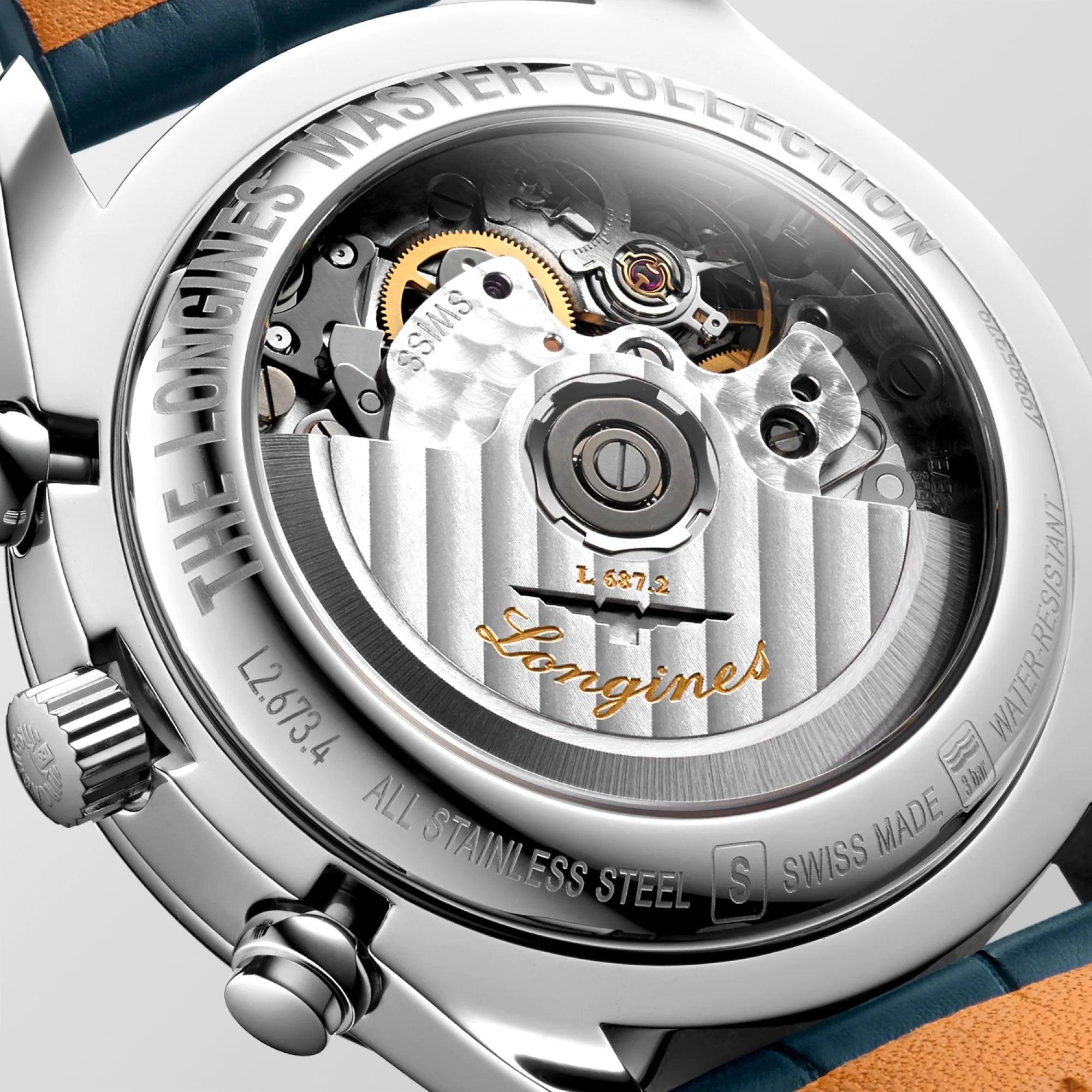 Orologio automatico in acciaio con fondello a vista e cinturino blu in pelle