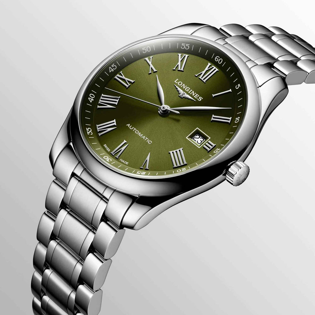 Orologio 40 mm con cinturino in acciaio e quadrante verde, vista laterale