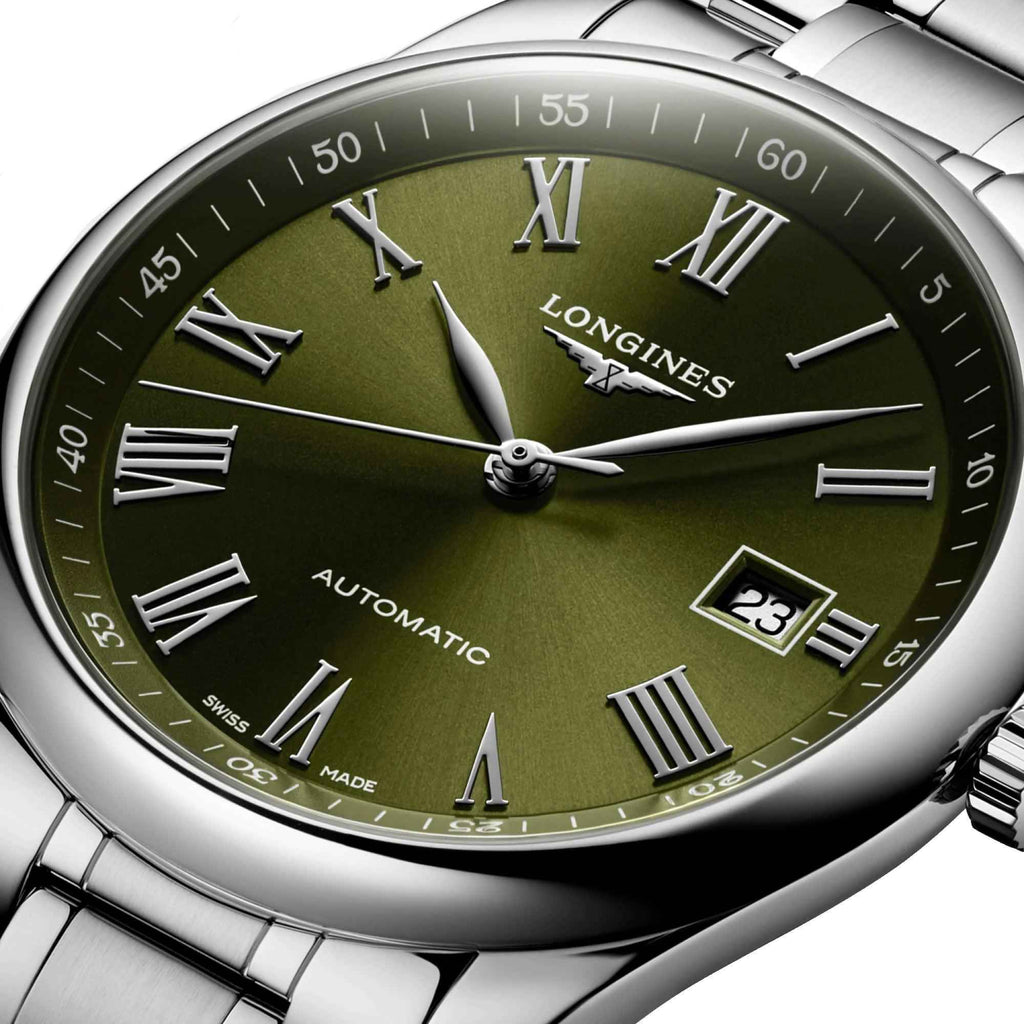 Orologio 40 mm con quadrante verde, indici romani e finestrella data