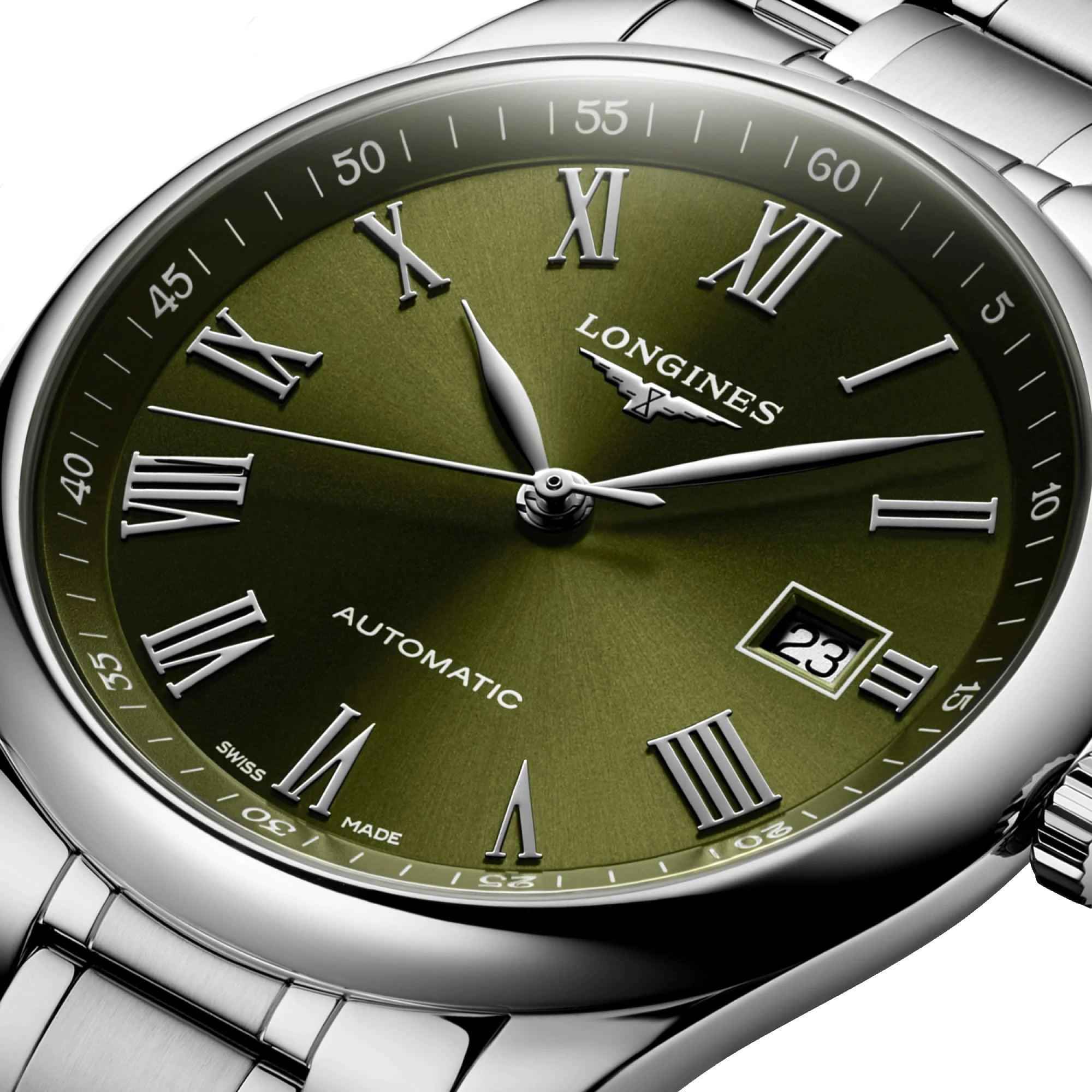 Orologio 40 mm con quadrante verde, indici romani e finestrella data